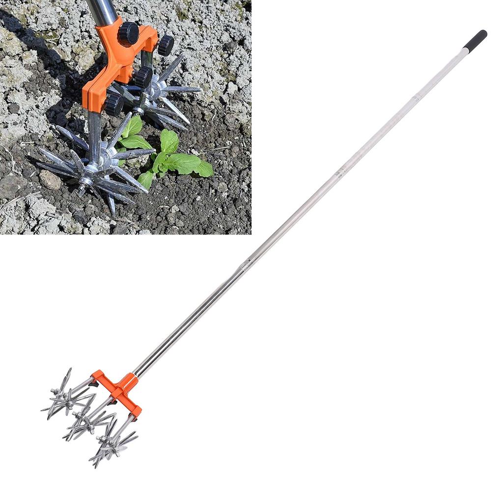Manual Rotary Cultivator Tool Stainless Steel Teeth Adjustable Handle Garden Hand Tiller for Lawn