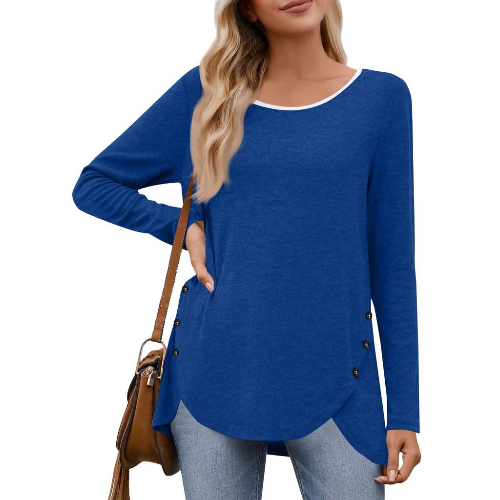 Women's Fashion Casual Solid Color Round Neck Long Sleeve Button Tops On Both Sides