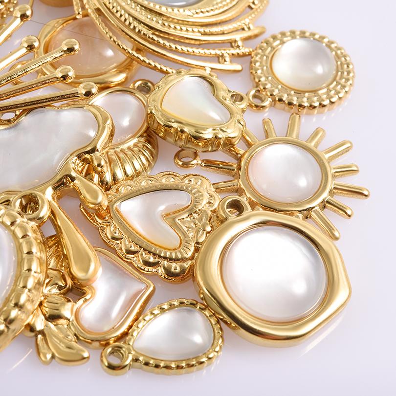 2pcs White Shell Oil Dripping Charm Real Gold Plated Love Round Water Droplet Stainless Steel Charms For Jewelry Making Supplies