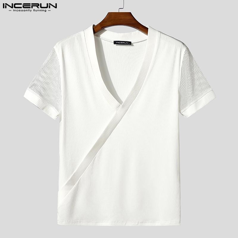 INCERUN Tricouri pentru bărbați cu gât în V, mânecă scurtă, patchwork din plasă, față transparentă cu încrucișare