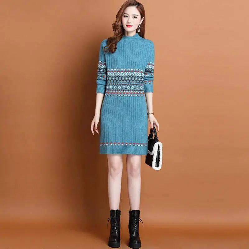 Slim Sweater Dress for Women In Winter Thickened and Warm Half Turtleneck Pullover Solid Color Casual Mid-length Knitted Sweater