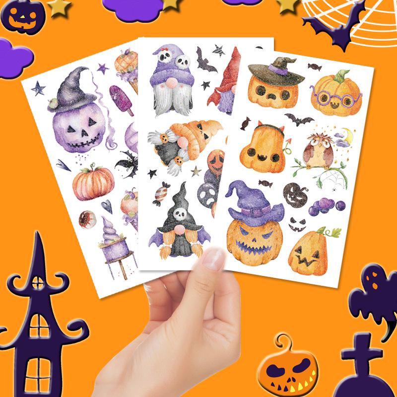 Ink Wash Glitter Halloween Temporary Tattoos: Cartoon Elf, Bat & Pumpkin Face Stickers for Kids