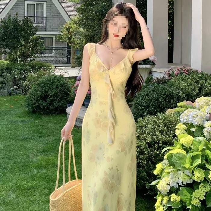 

Yellow printed suspender dress women s summer French ruffle edge small flying sleeve skirt waist temperament fairy long dress S