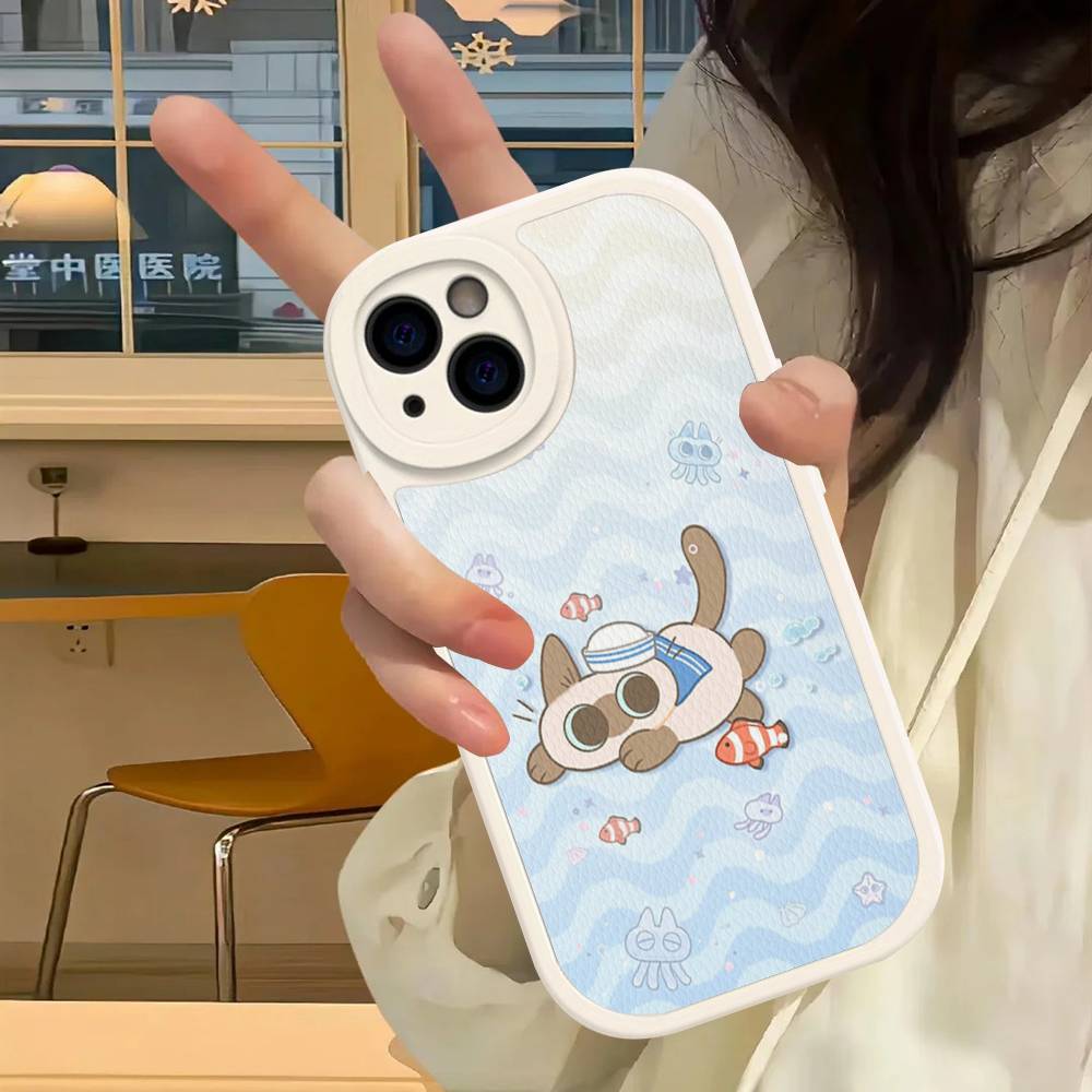 Cartoon Siamesische Katze Paar Handyhülle für iPhone 16 15 14 11 12 13 Pro Max Plus Rückseite Lederhülle
