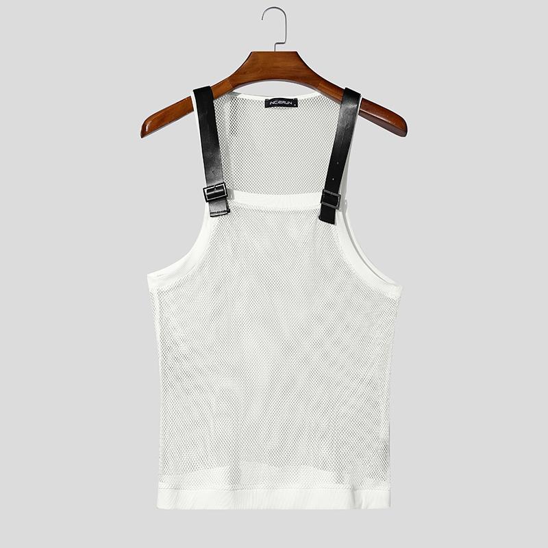 INCERUN Men Strap Sleeveless Mesh See Through Stitching Tank Tops M