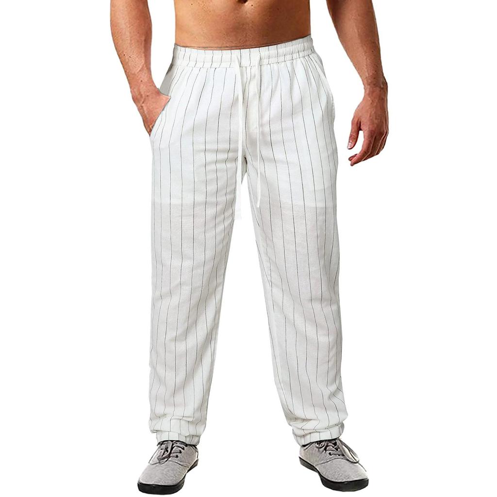 Men's Straight Mid Waist Beach Pants Vertical Stripe Elasticated Waist Cotton Linen Casual Trousers