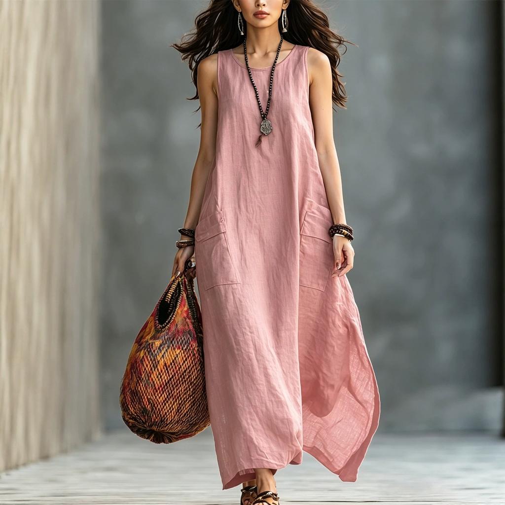 Women Sleeveless Loose Fit Vintage Style Dress Two Pockets Casual Long Maxi Dress Lightweight Summer Dress