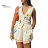 Set 2 Pezzi/Set Gilet da Donna Pantaloncini Set Ricamo Floreale Monopetto Senza Maniche Scollo a V Top Tasche Laterali Set Pantaloni Ampi Abbigliamento Casual Vacanza Resort Top