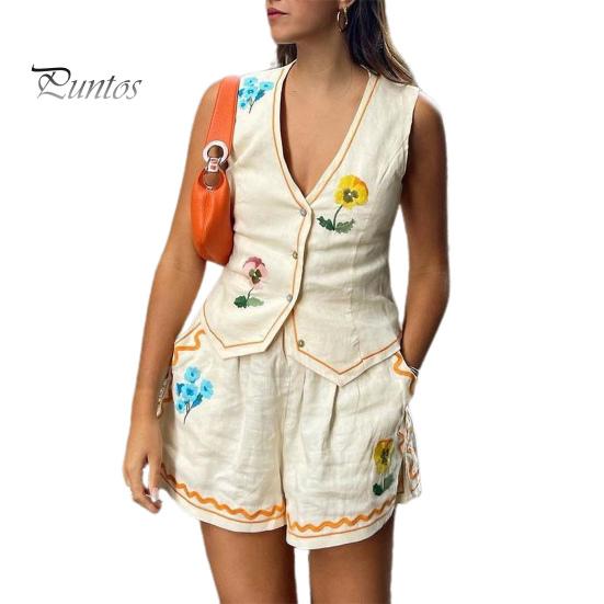 

2 шт./компл., женский жилет, шорты, комплект с цветочной вышивкой, однобортный, без рукавов, с V-образным вырезом, верхние боковые карманы, свободные брюки, комплект, повседневная одежда для курортного отдыха, топ L бежевый