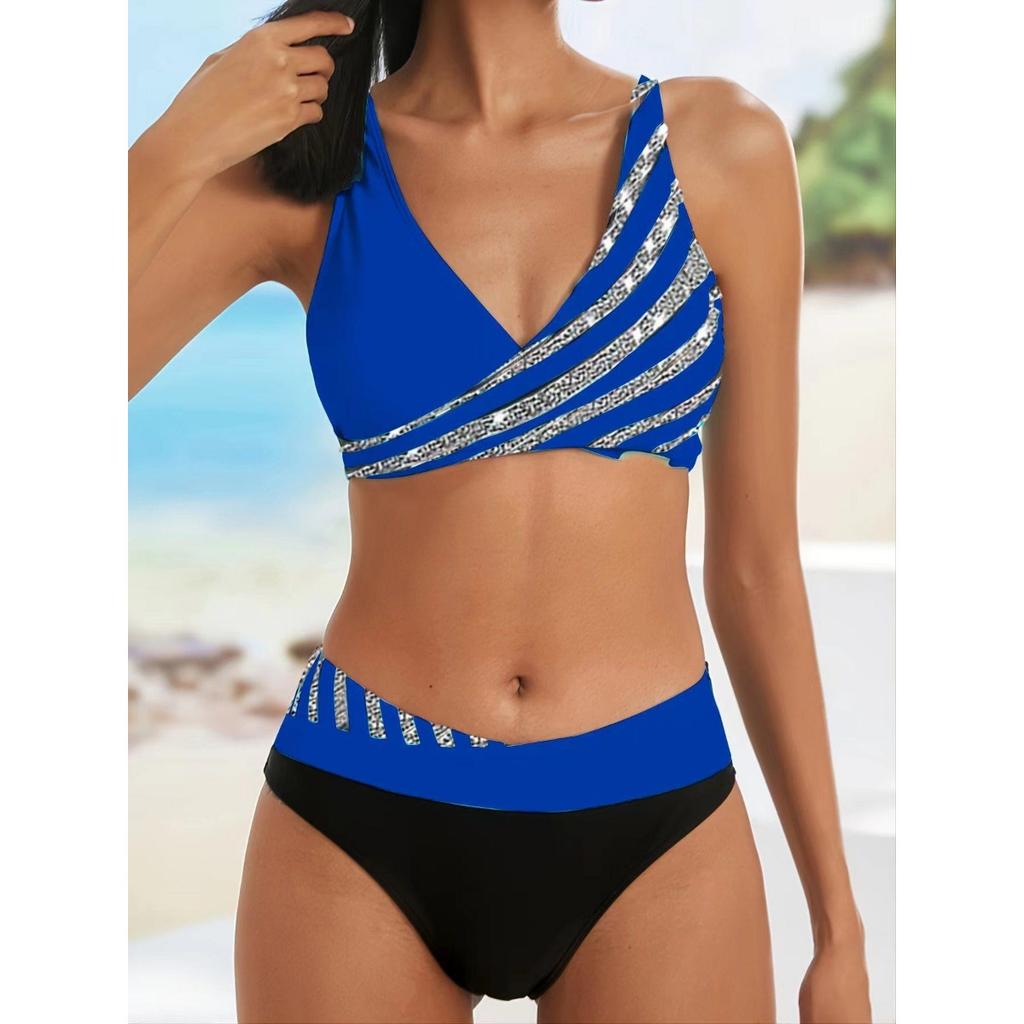 Set Bikini la Modă cu Imprimeu în Dungi, Costum de Baie Sexy din Două Piese, Costum de Baie cu Stil Fermecător