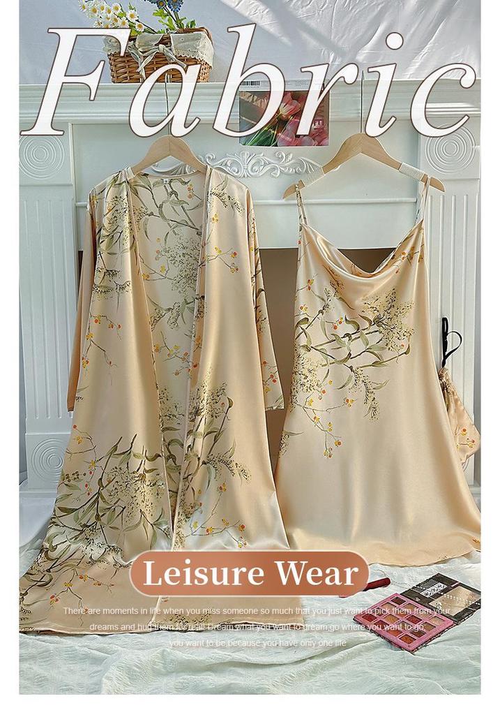Women's Cherry Print Silk-Style Pajama Set: Thin Robe & Ice Silk Camisole Nightgown
