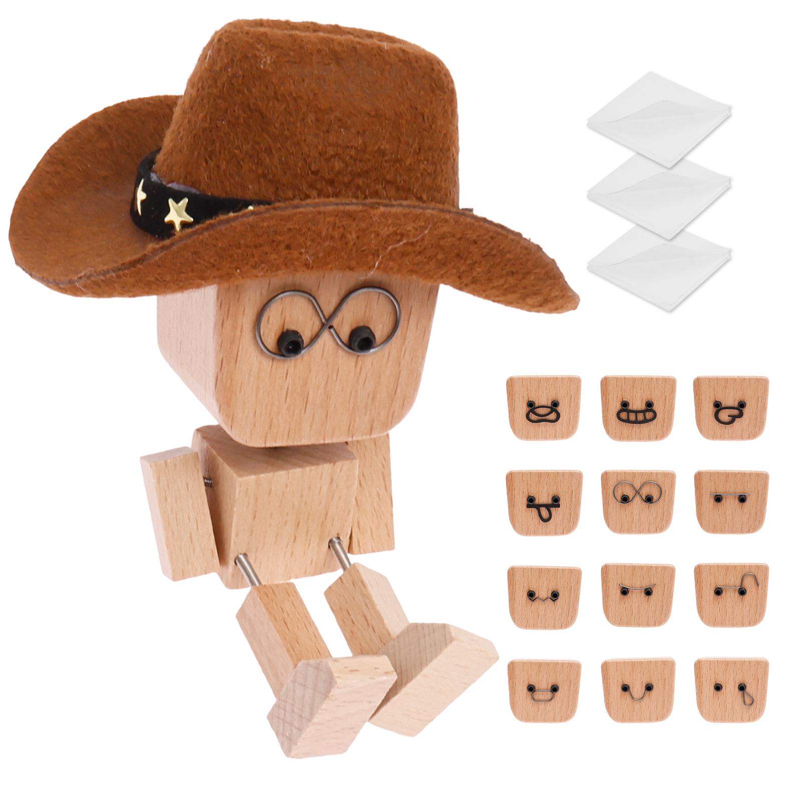 

1/2 Pcs Shaking Man Statue Handmade Wooden Man Figurine with 12/24Pcs Expressions Charming Little Wood Figure That Sways for Car