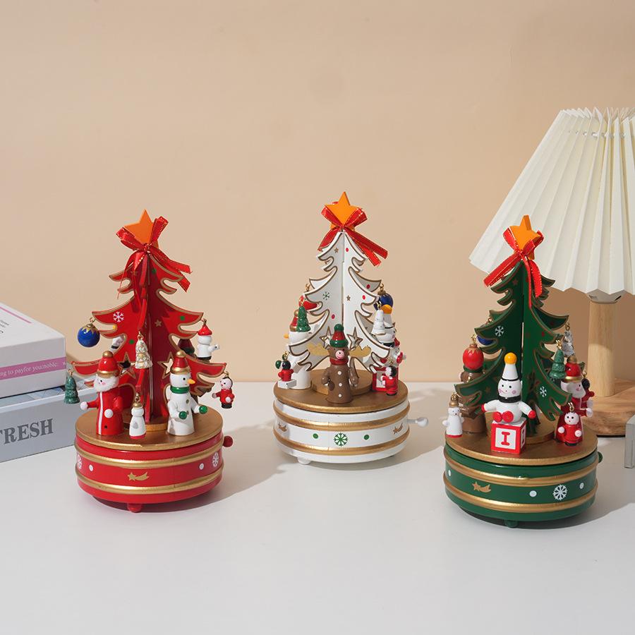 Jul Trä Roterande Speldosa Kreativ Julklapp Grossist Skrivbord Roterande Urverksdesign Speldosa