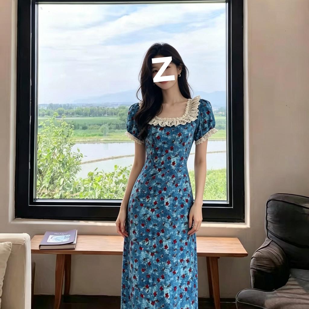 Hong Kong style blue background safflower floral dress lace square neck short sleeve high waist meat covering slim and thin retro atmosphere dress