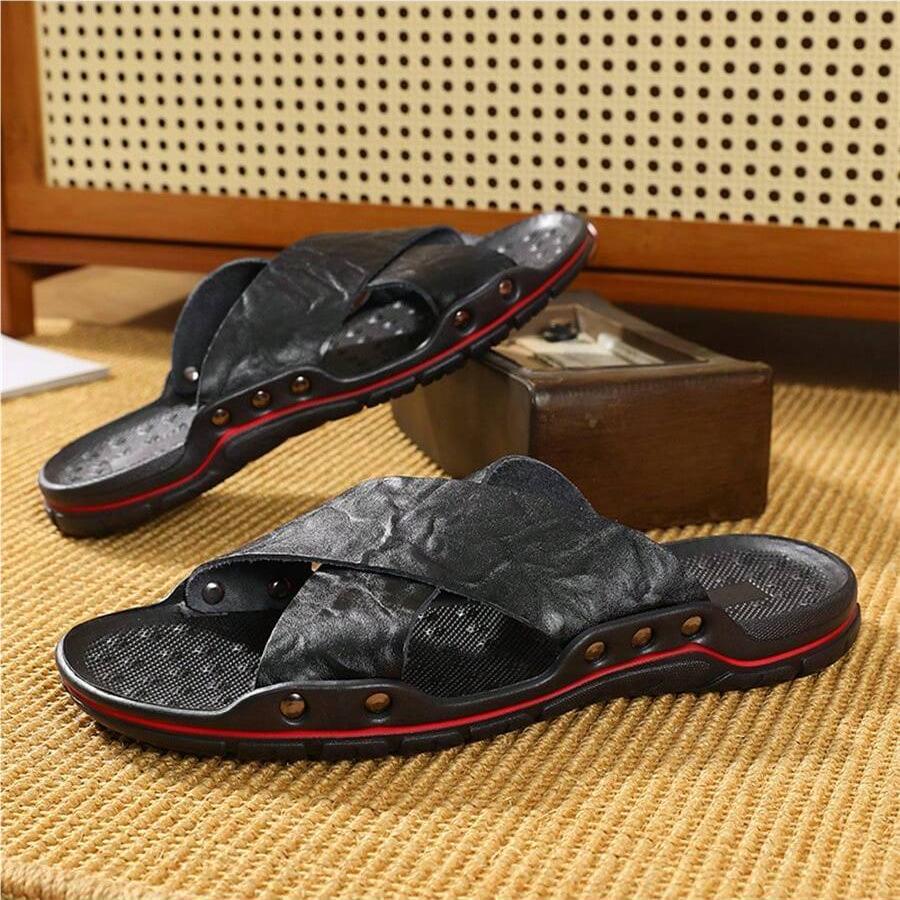 

Summer 2025 New Men s Leather Casual Shoes Versatile Slippers Home Anti Slip Comfortable Men s Beach Flat Mens Slip on Half Drag 48 чёрный