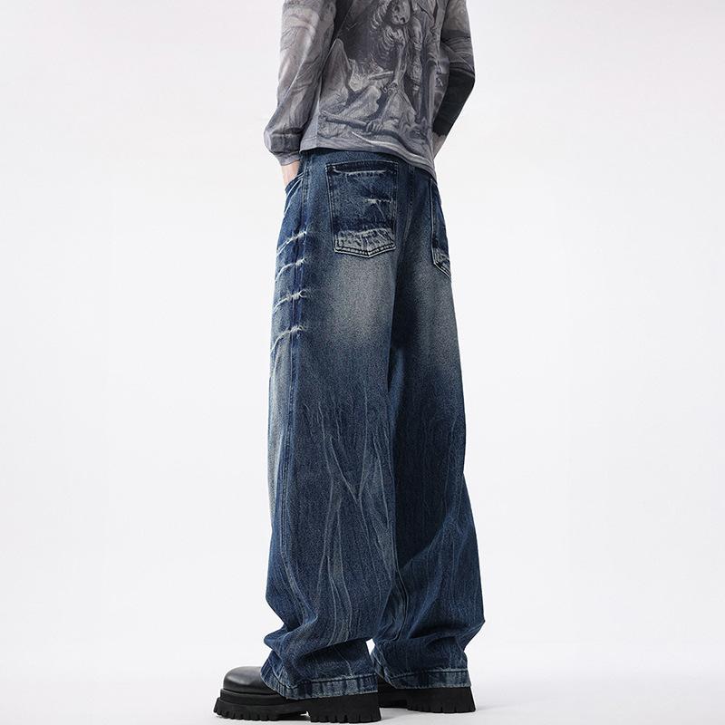 Retro Tie-dyeed Old Lightning Pattern Jeans Loose Wide-leg Floor Straight Pants