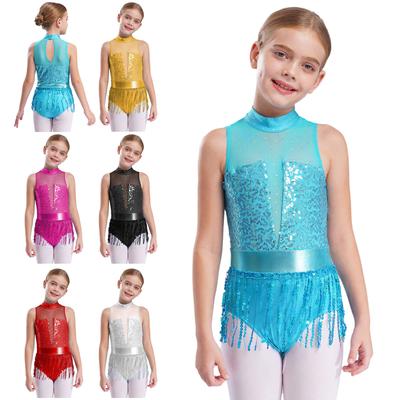 Girls Sparkly Sequin Tassels Dance Leotard Sleeveless Keyhole Back Patchwork Fringed Bodysuit Performance Costume