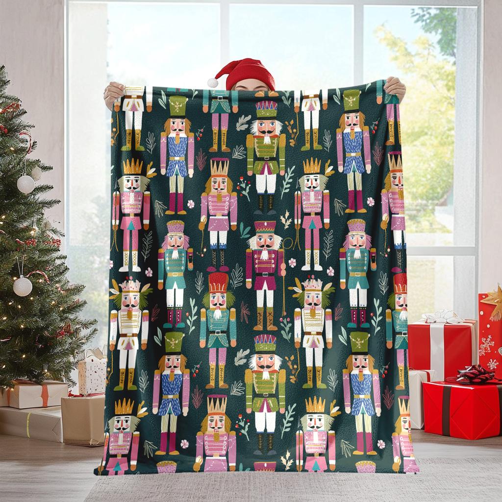 [Cozy Nutcracker Blanket] Soft Nutcracker Christmas Flannel - 1pc All-Season Throw with Clara Soldiers, Pink Golden Decor Size: 75*100cm, Weight: 230 GSM
