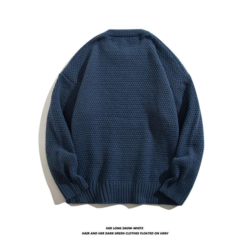 Heavyweight Cotton Yarn Pineapple Stitch Knit Casual Loose Round Neck Pullover Sweater