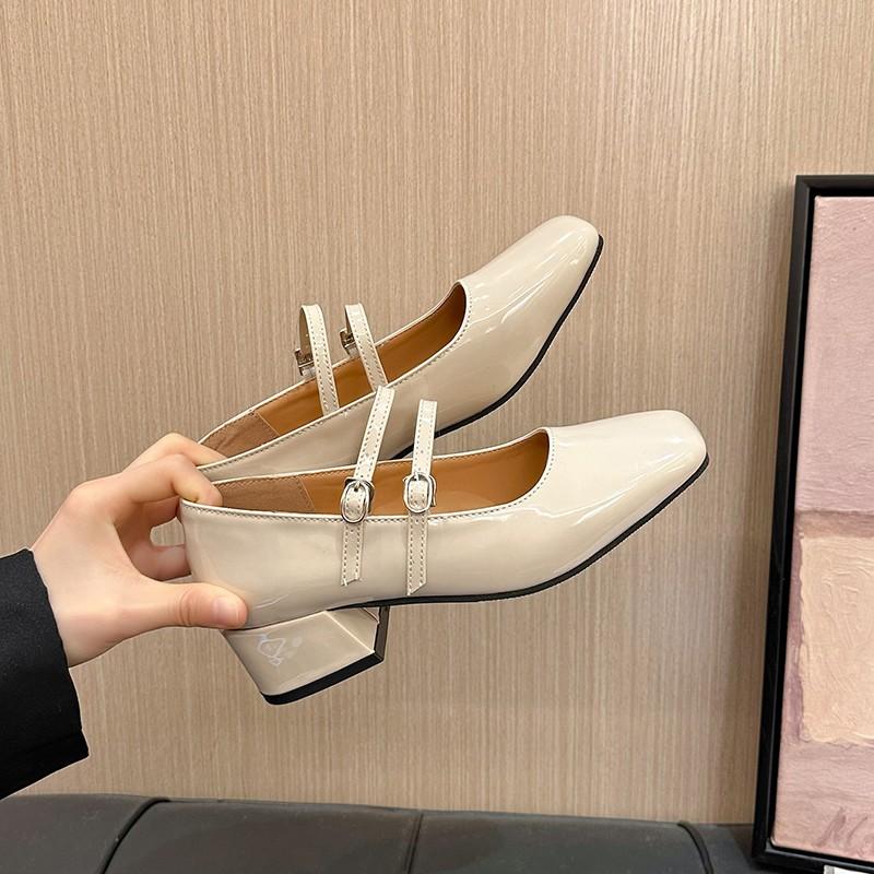 Fashion 2024 Multiple Colors Patent Leather Thick Heel High Heels Buckle Square Toe Buckle Sandals Red High Heels