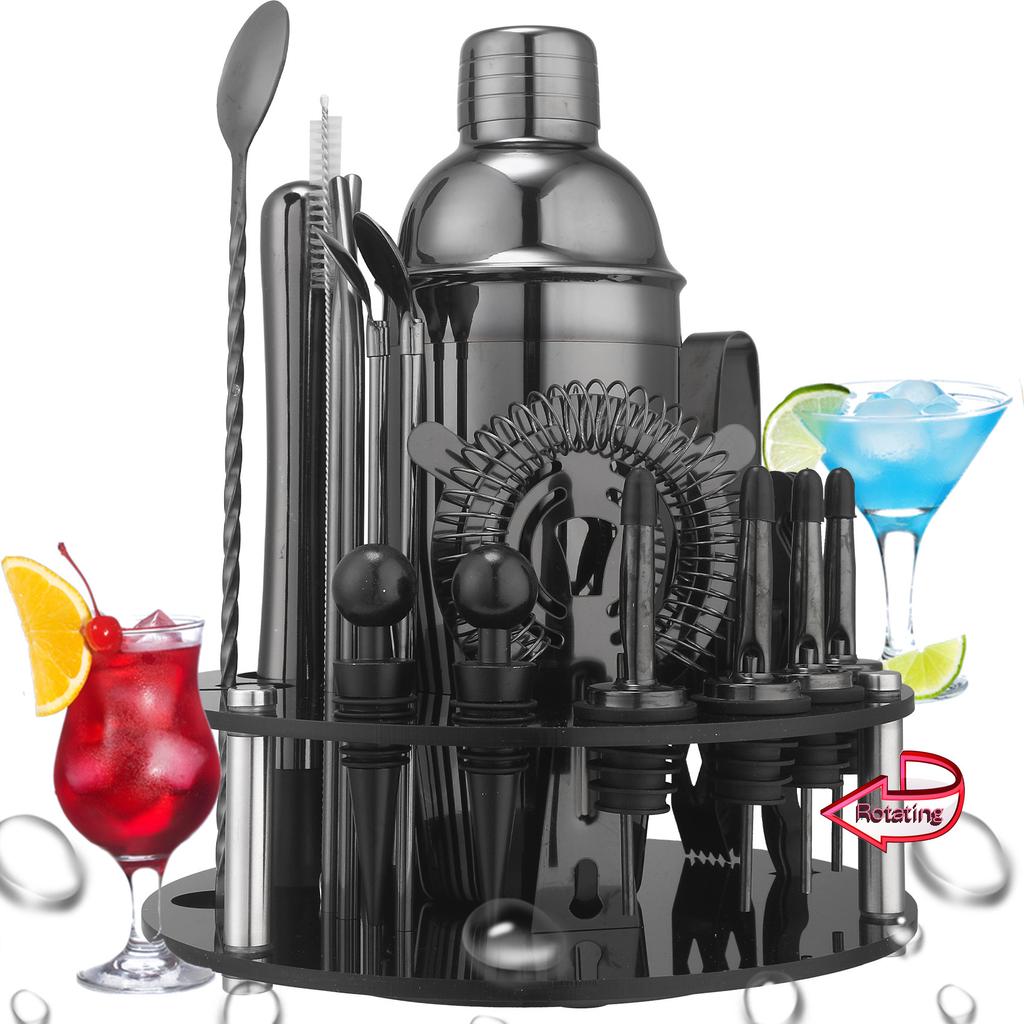 Rotating Round Black Acrylic Snow Cup Set Anti-Drop Cocktail Shaker Bar Tools 20-Piece Set