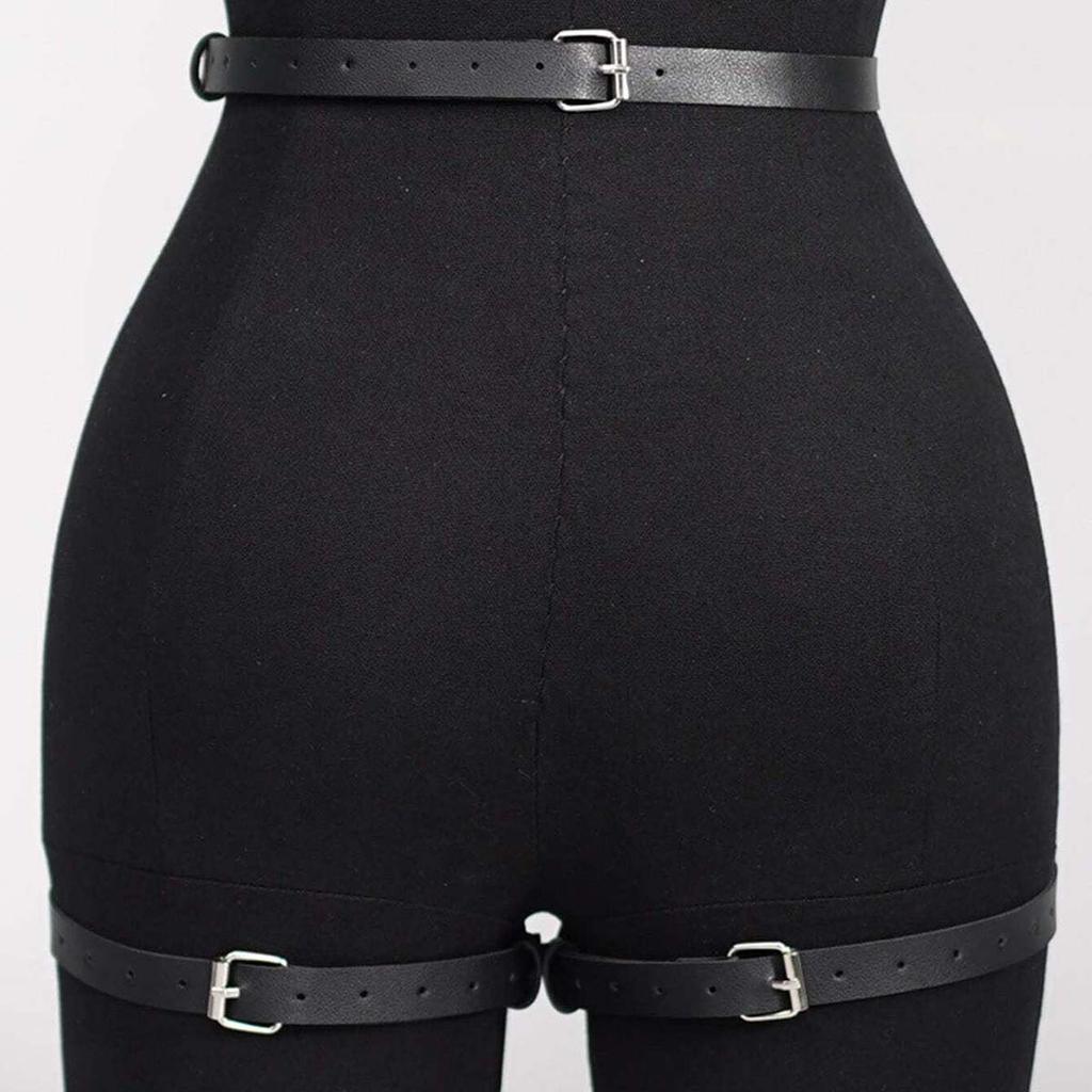 Women Fashion Harness Leg Harness Pu Leather Adjustable Studded Decor Thigh Garter Belt Gothic Harness Bondage Lingerie