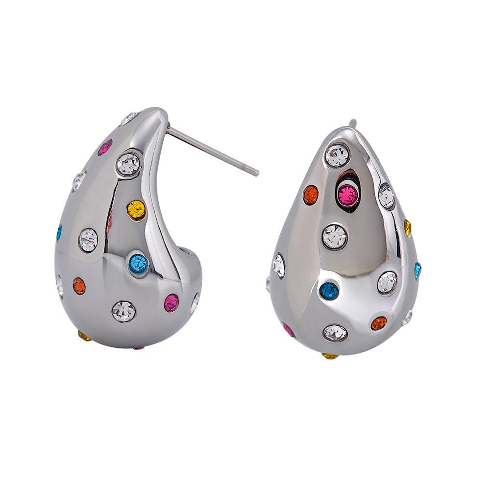 2024 Summer Women's Colorful Rhinestone Teardrop Stud Earrings - Stainless Steel, Niche Design