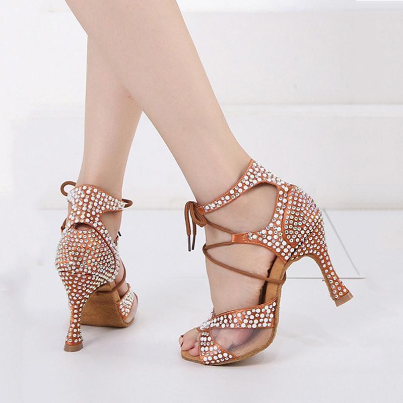Mesh Studded Diamond Latin Dance Shoes for Adult Women Strap High Heels Professional Soft Soled Social Dance Shoes