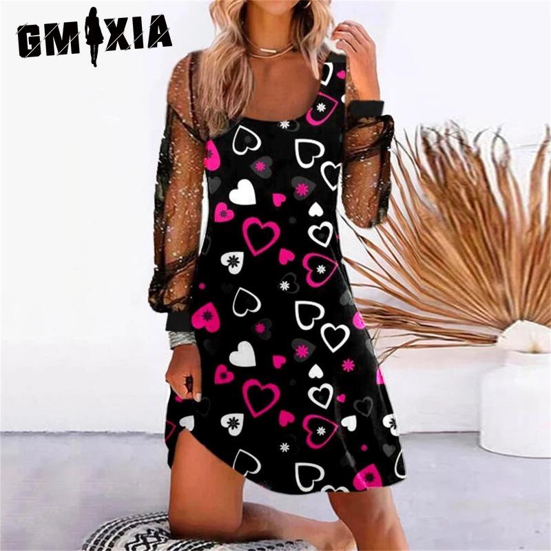 GMXIA Women's Fashion Spring Autumn Solid Color Print Long Sleeve U-Neck High Waist Casual Dresses