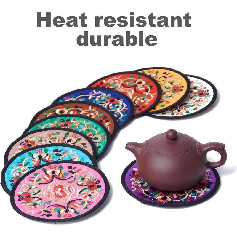 Floral Cloth Coasters for Decoration,13cm Fabric Embroidered Round Coaster Art Souvenirs Gifts Vintage Ethnic Teacup Mat Home Ornament,1pc