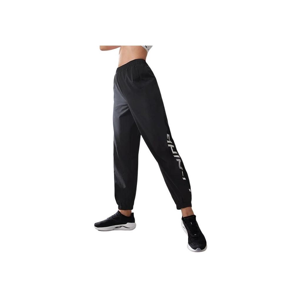 Li Ning Fitness Series Solid Color Letter Pattern Printed Pocket Cuffed Sports Pants Women Pants Black AYKT556-1