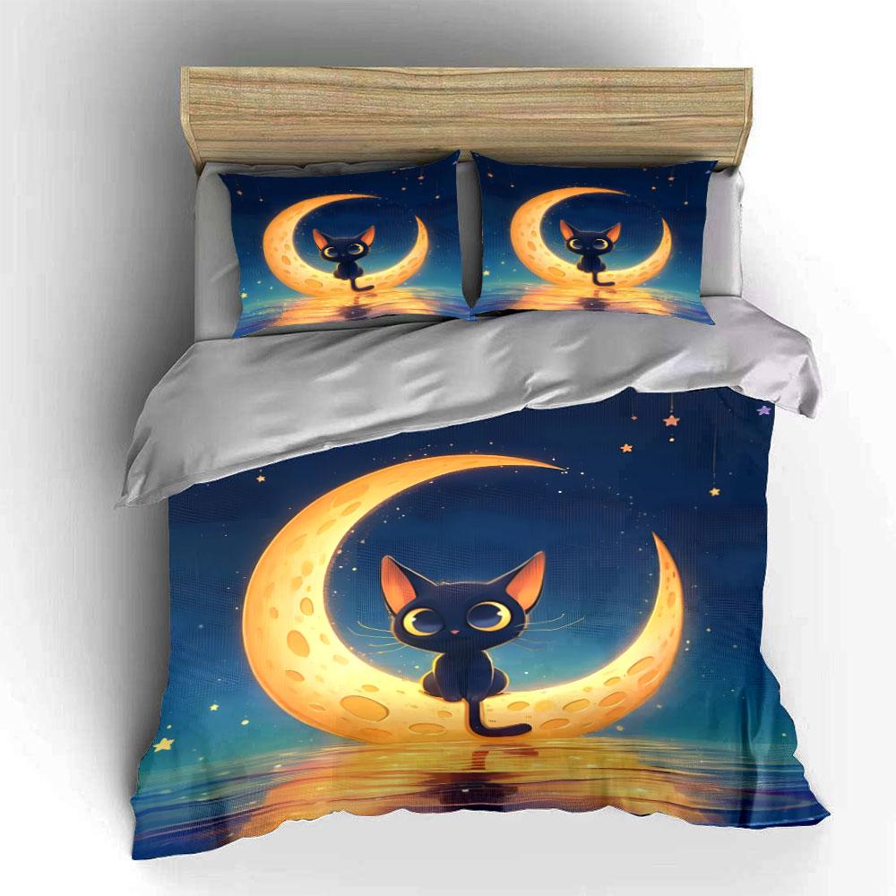 Cute Cat Moonlight Decor Multiple Sizes Kid'S And Adults' Bedroom Exquisite 3Pc Bedding Set, Gift