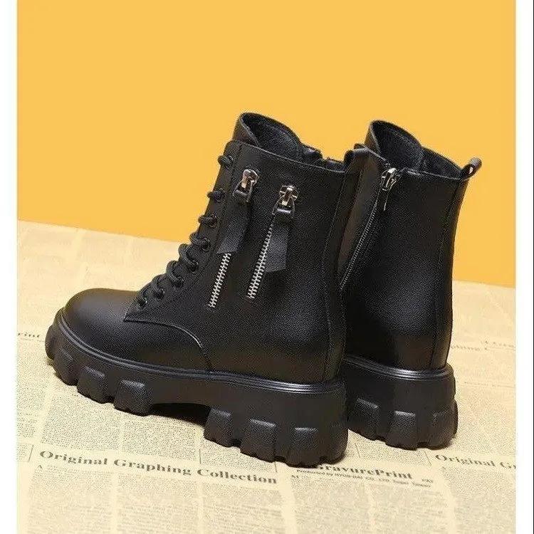 Pu Artificial Leather Platform Ankle Boots Women Lace-Up Zipper Thicked Plush Snow Boots Woman Winter Non-Slip Warm Cotton Shoes