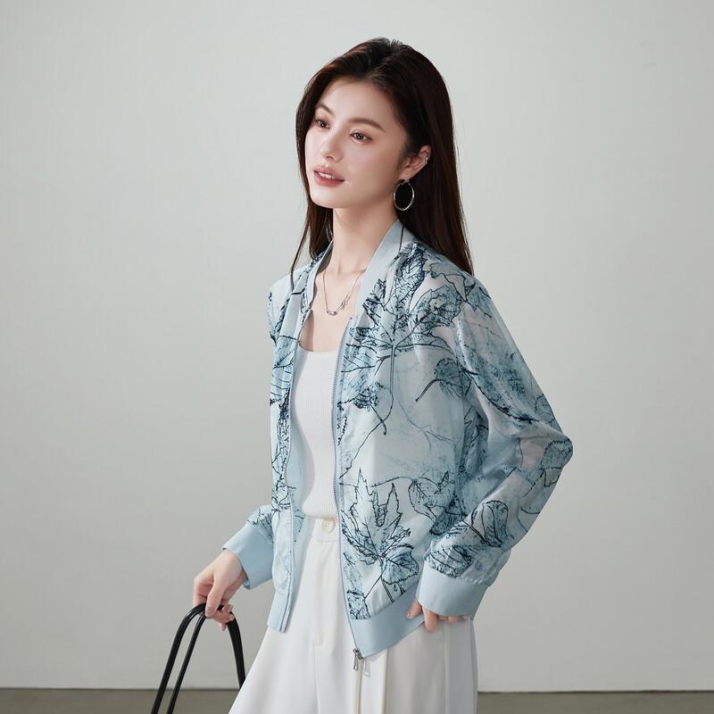 SOFSIL Women s Leaf Print Silk Bomber Jacket XL