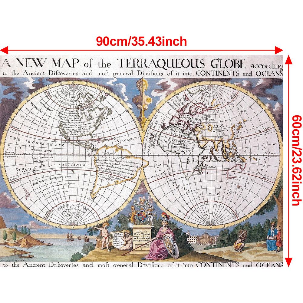 Vintage 1700 World Map Poster Retro Terraqueous Globe Canvas Print Antique Map Wall Art for Living Room Office Home Decor Unframed
