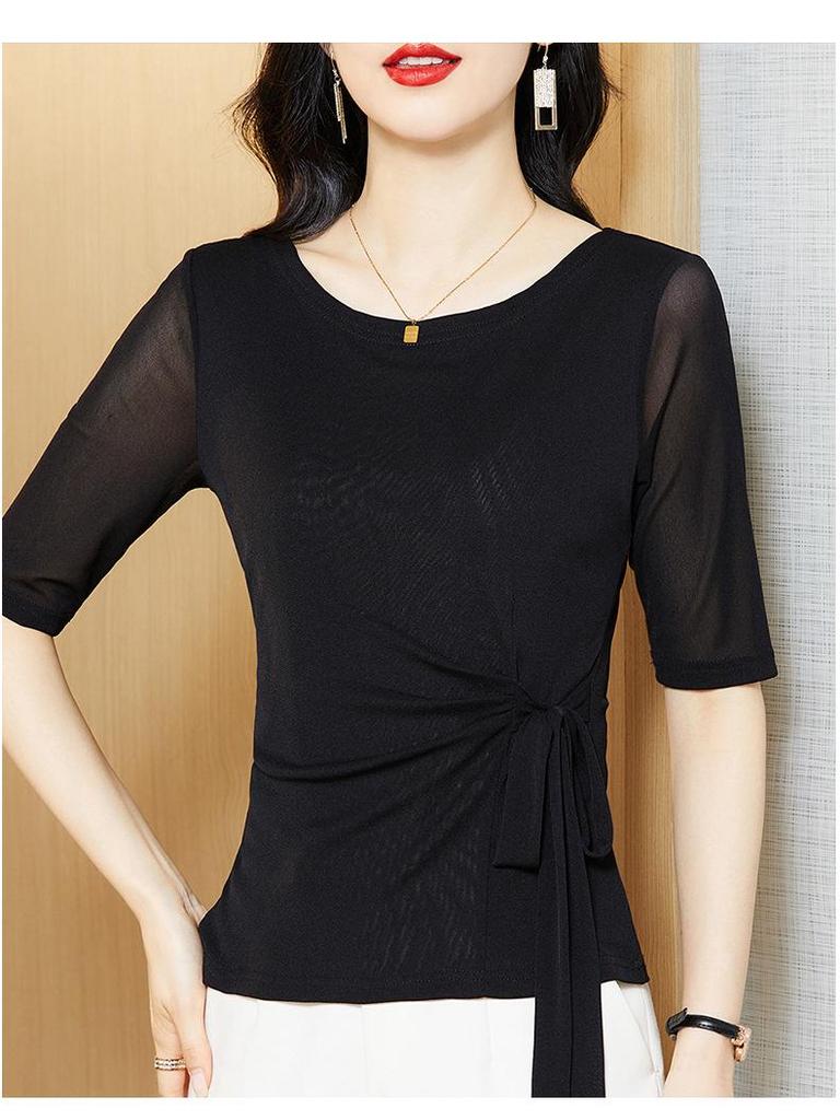 Damen Leopardenmuster Mesh Top mit halblangen Ärmeln und Taillengürtel - Sommer 2024 Kollektion