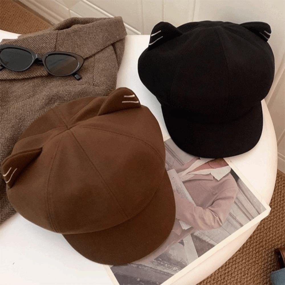 Solid Color Cat Ear Hat Woolen Octagonal Cap Fashion British Beret Hat  Autumn Winter