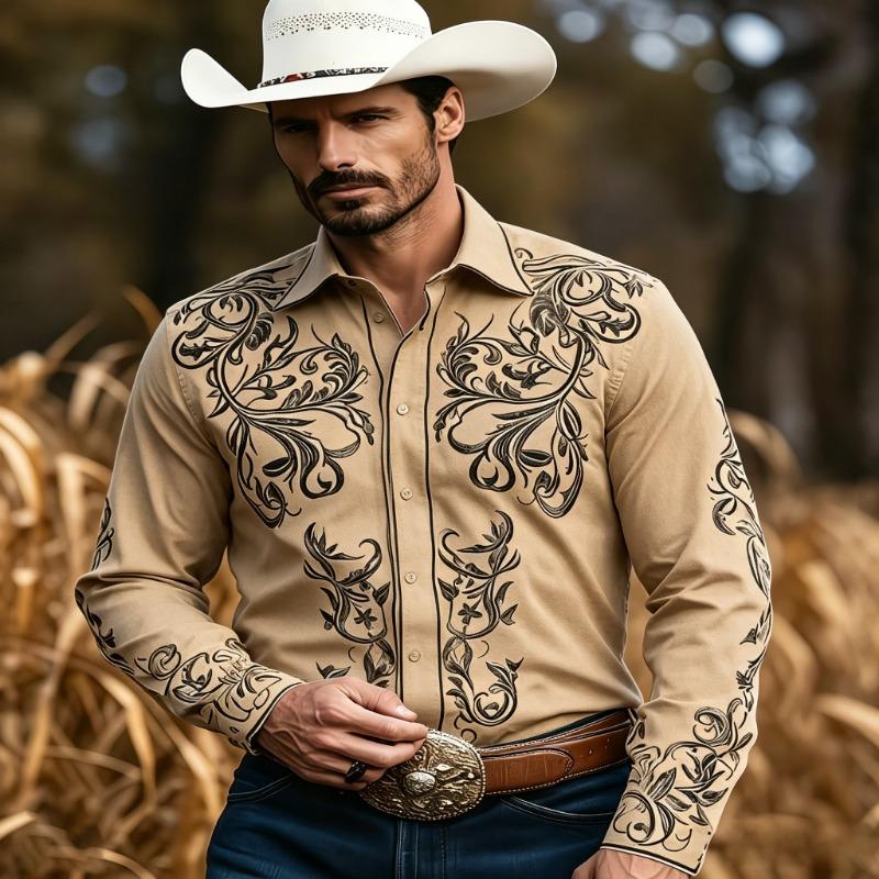 Retro Western Style Men's Long-Sleeved Baroque Floral and Vinyla Print Rural Ranch Versatile Casual Top