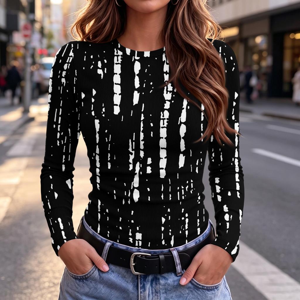 Women's Slim Fit Polka Dot Long Sleeve Round Neck T-Shirt for Casual Everyday Wear