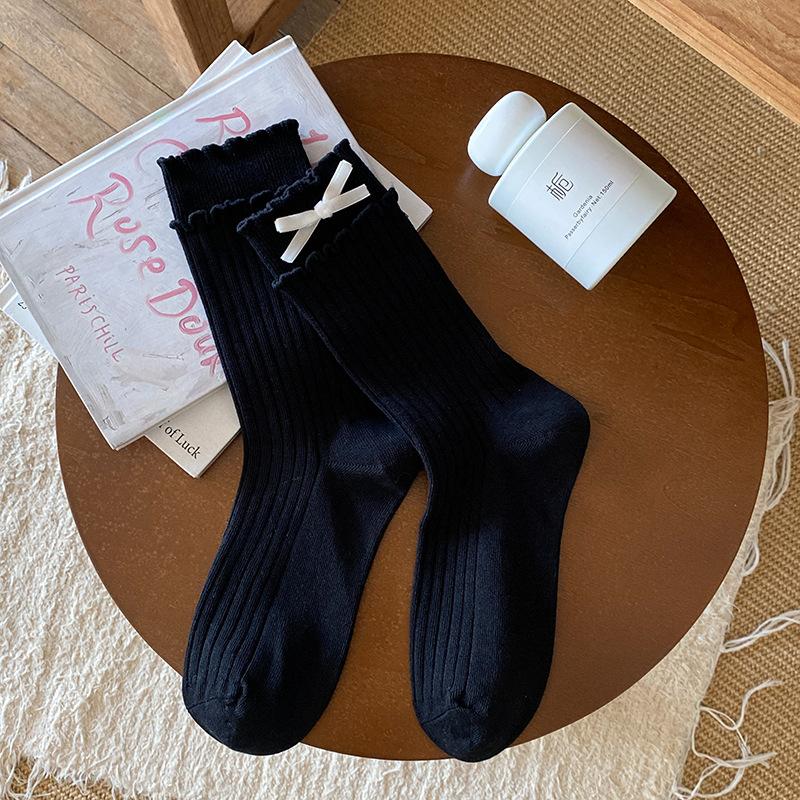 Female Spring and Autumn Pure Color Sweet Velvet Bow Double Wood Ear Edge In The Tube Pile Socks
