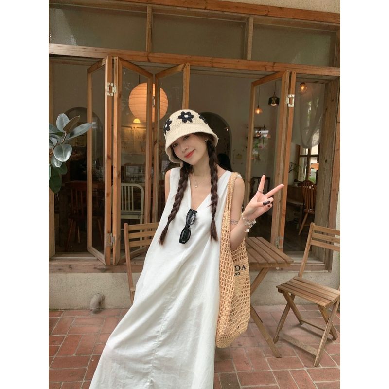 Kumikumi Sweet Style Simple V-neck Vest One Piece Dress Women Clothing Summer Temperament Slimming White A- Line Skirt Long Dress