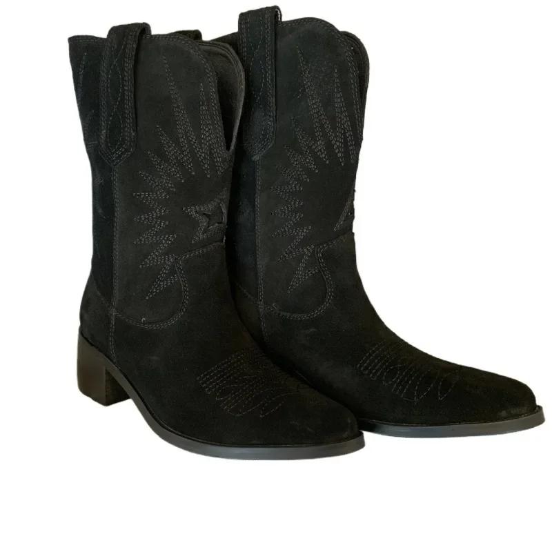 

Мода 2024 года, женская обувь для отдыха, женские ботинки до середины голени, ретро-современные ботинки, женские туфли с вышивкой и острым носком, на среднем каблуке 37 чёрный