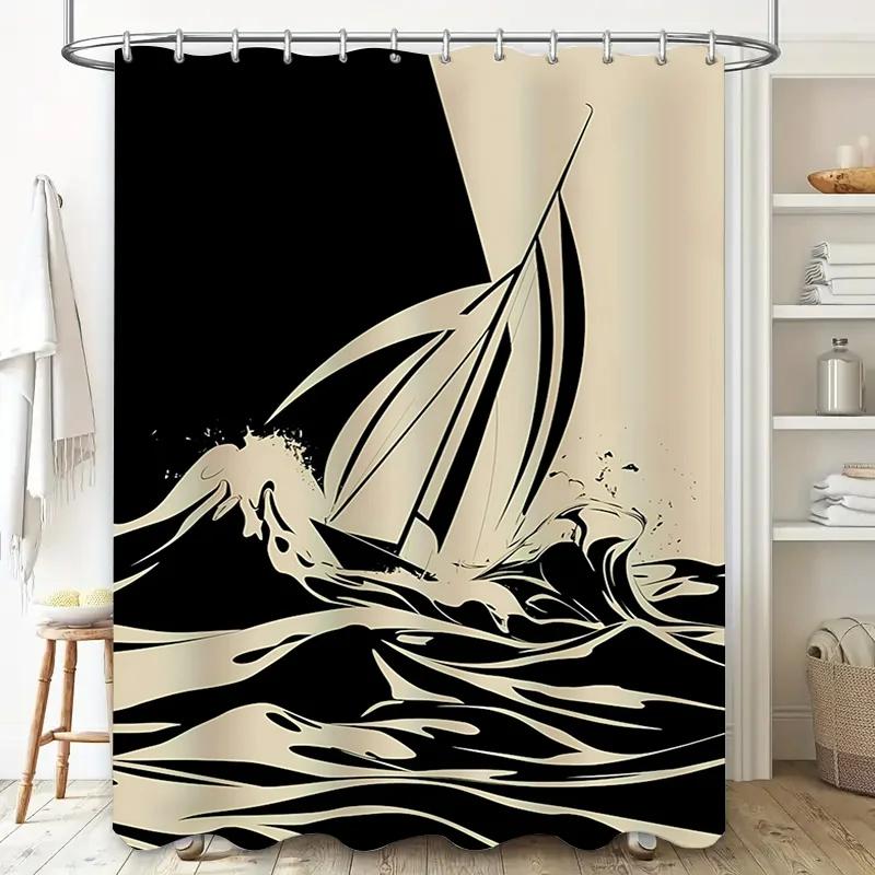 Modern Bathroom DecorCool Black White Sailboat Shower Curtain Set for Home Bath Remodeling Waterproof Fabric with Hooks