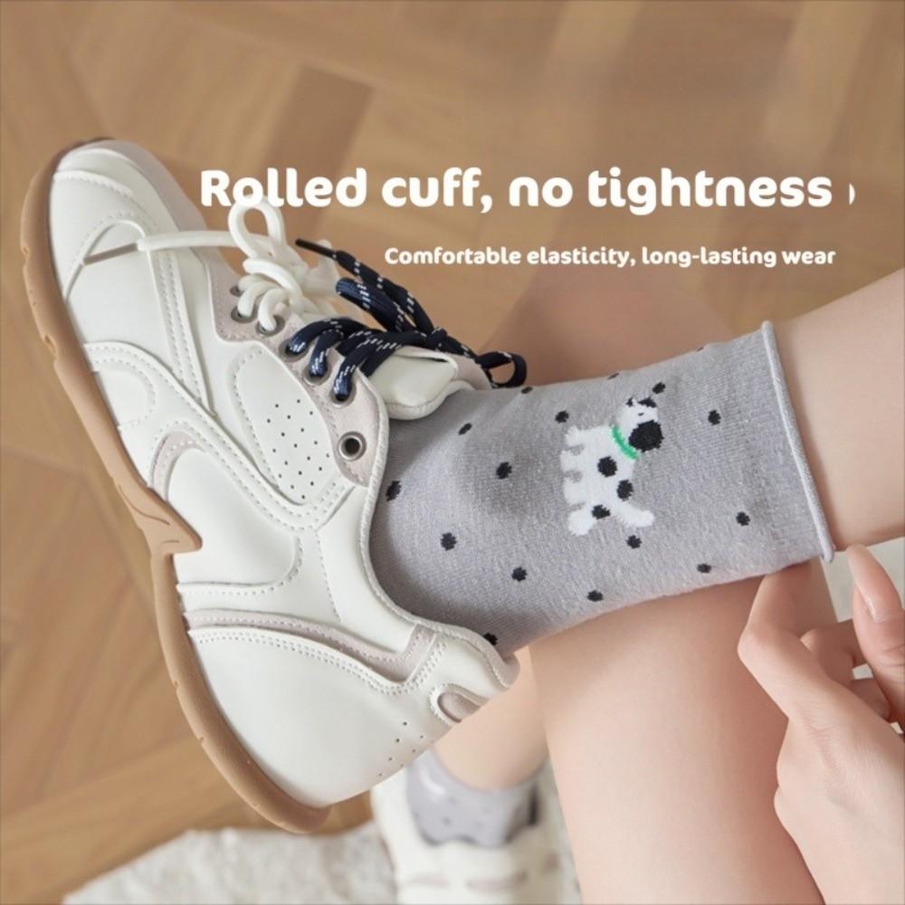 1 Pair Cotton Women Socks Cartoon Dog Cat Printed Middle Tube Socks Kawaii Polka Dot Socks