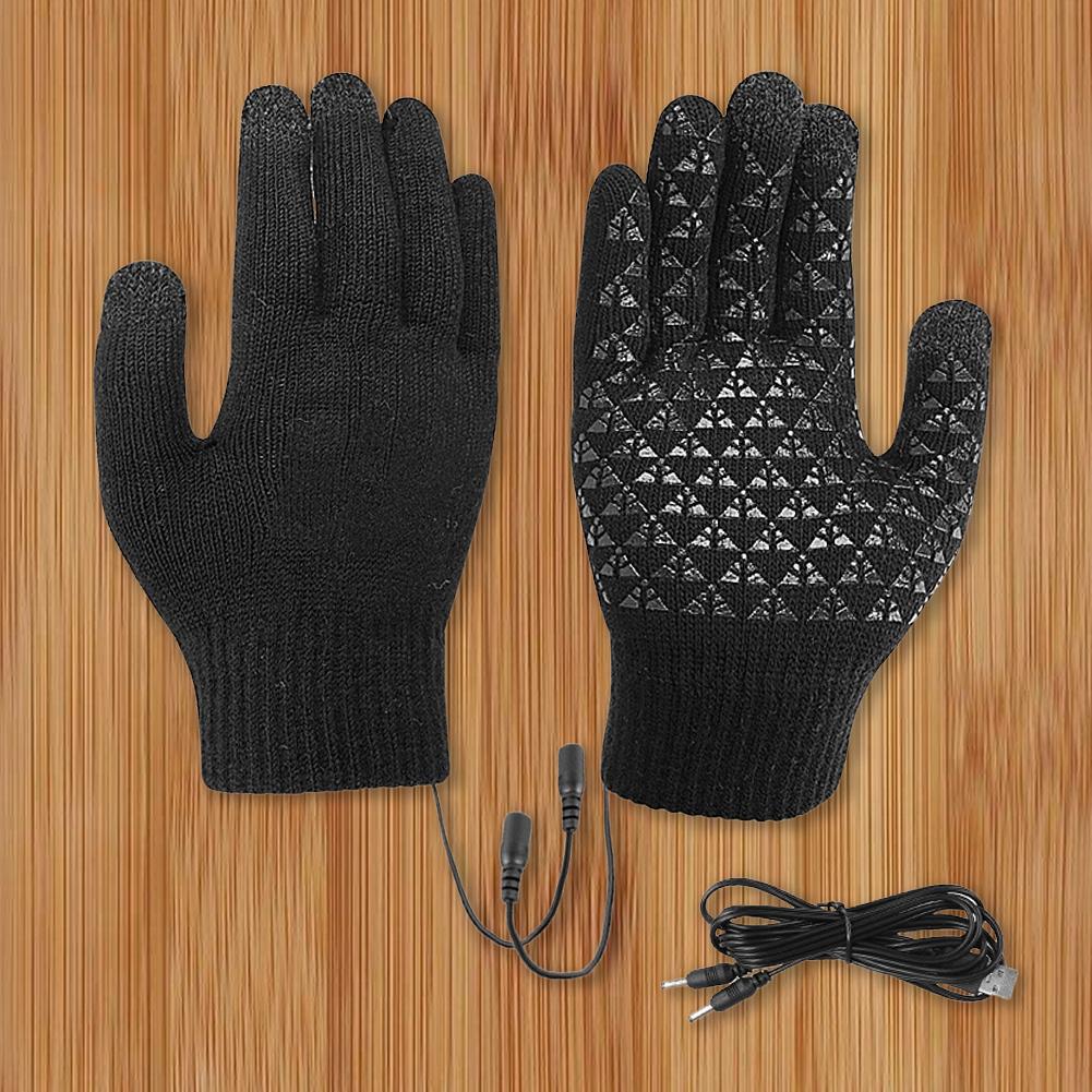 USB Heated Knitted Gloves Full Finger Gloves Thicken Thermal Knitting Mitts Winter Cycling Gloves for Outdoor Sports