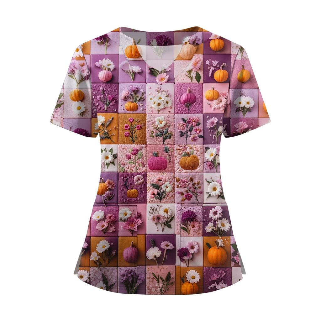 Women's Short Sleeved Solid Color V-neck Buttonable Side Slit Top T-shirt