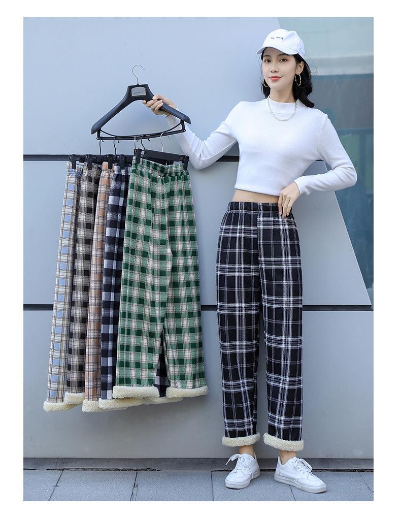 Plaid High-Waisted Women's Wide-Leg Pants - 2025 Autumn/Winter, Korean Style, Fleece-Lined, Loose Fit, Floor-Length.