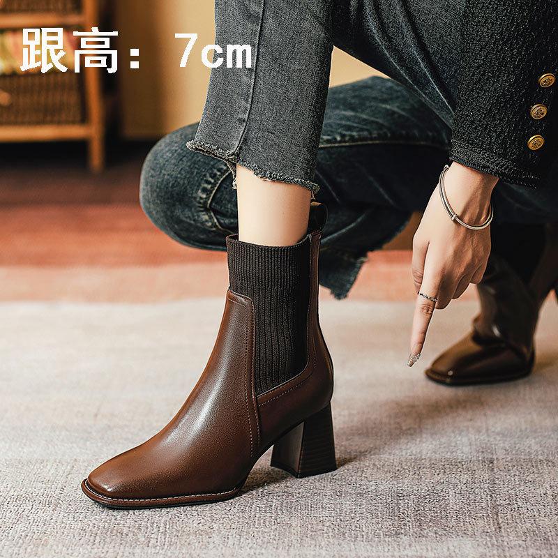 Knitted elastic boots high-heeled short boots women's spring and autumn single boots 2025 new thin boots thick heel medium tube fashion boots