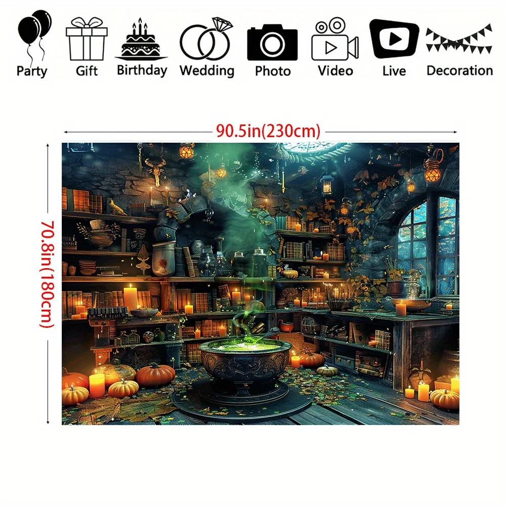 Halloween Horror Hintergrund - Hexen und Magischer Kessel Bücherregal Szene, Partyzubehör