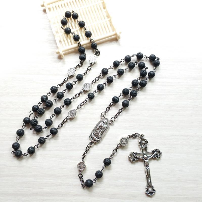 62KD Rosary Beads Long Necklace with Jesus Christ Crucifix for Cross Catholic Prayer Pendant Party Gift for Men Women